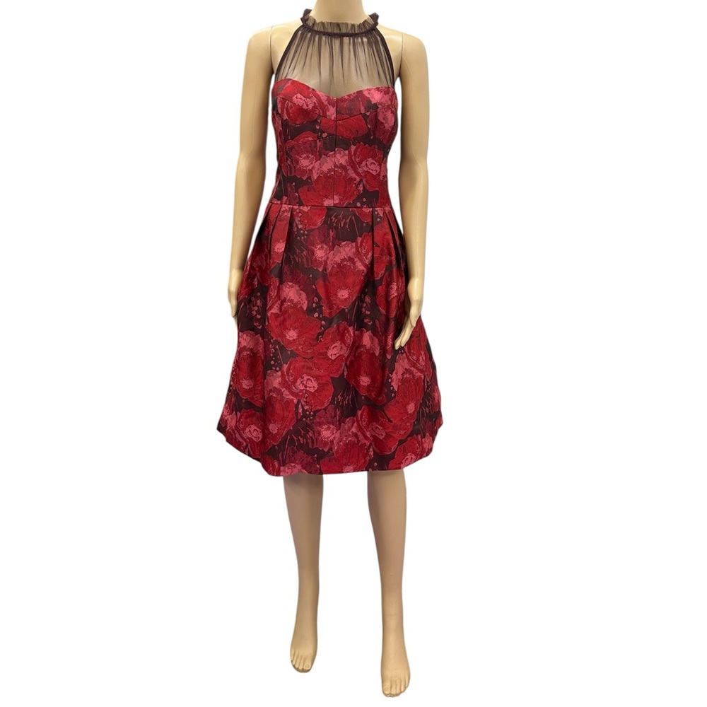 Maggy London Red Jacquard Cocktail Wedding Guest Illusion Yoke Dress Womens 16